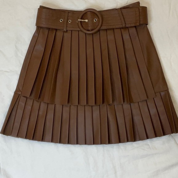 ZARA | NWT | Brown Faux Leather Pleaded Skirt | Size S | Belt | Layered Skirt - Picture 3 of 7